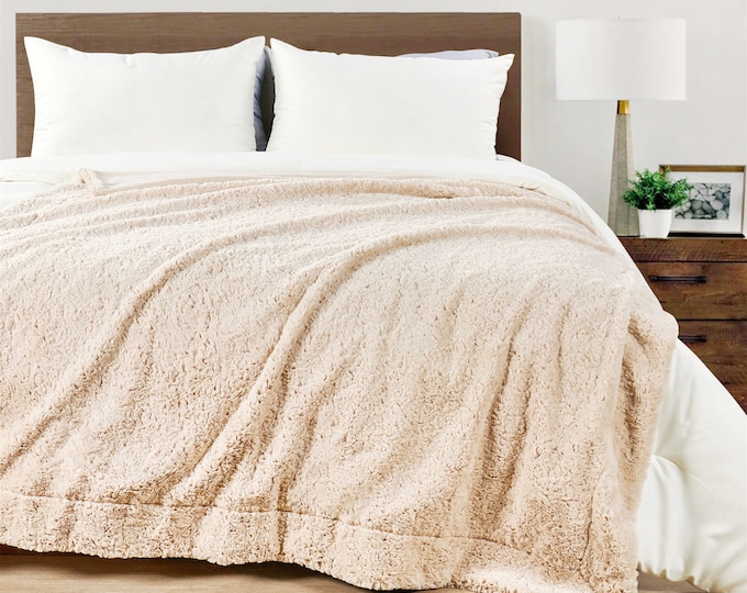 Fuzzy Faux Fur Micromink Throw Blanket, 60"x70", Beige