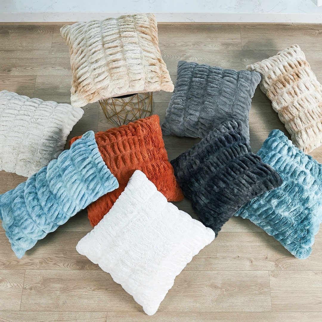 Luxury Ruched Faux Fur Throw Pillow Covers 2 Piece Set, Super Soft