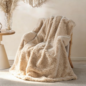 Cozy Fuzzy Faux Fur Micromink Throw Blanket, 60"x70", Beige, Gifts for her
