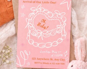 Pink and Orange Baby Shower Invitation, Oh Baby, Editable Template, Digital Download, Stars, Swirls