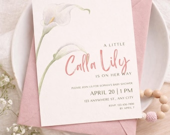 Calla Lily Baby Shower Invitation Template, Floral Pink Green Minimalist Invite (Instant Download)