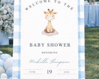 Editable Giraffe Baby Shower Welcome Sign, Blue Boy Safari Animal Theme (Digital Download)