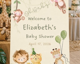 Safari Baby Shower Welcome Sign, Jungle Animals, Editable Canva Template (Digital Download)