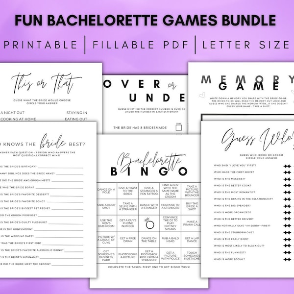 Bachelorette Games Bundle, Printable Party Games, Bachelorette Weekend Games, Interactive, Fun, Drinking, Party Games, Bride Party Games