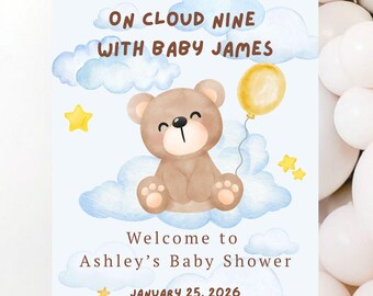 Teddy Bear Baby Shower Welcome Sign, Blue Cloud Boy Theme (Digital Download)