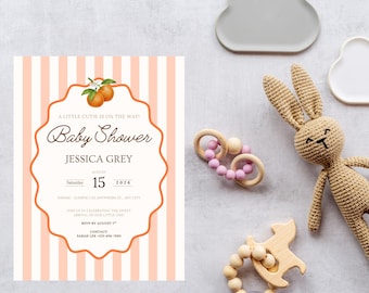 Little Cutie Orange Baby Shower Invitation, Citrus Theme, Editable Canva Template (Digital Download)