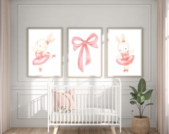 Coquette Ballerina Bunny Nursery Art, Watercolor Pink Bow Print (Digital Download)
