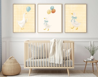 Coquette Goose Nursery Wall Art Set, Gender Neutral Room Decor, Gingham Print, Digital Download