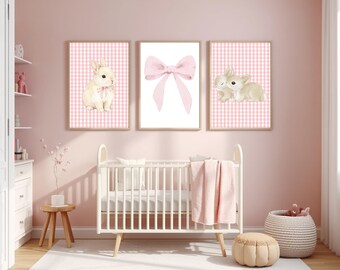 Coquette Nursery Wall Art, Baby Girl Room Decor, Pink Bow Bunny Print, Digital Download