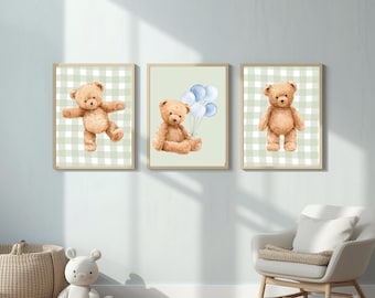 Teddy Bear Nursery Wall Art Set, Room Decor, Sage Green Gingham Print, Digital Download
