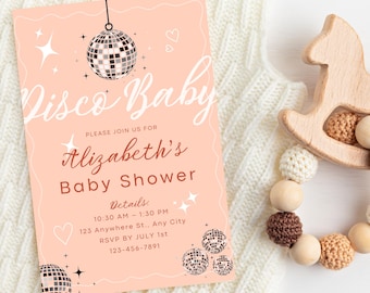 Disco Baby Shower Invitation Template, Retro Invite, Editable Canva Template, Instant Download