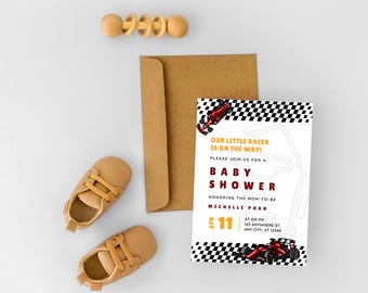 Racecar Baby Shower Invitation, Little Racer Theme, Red Black Yellow Decor (Digital Download)