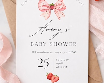 Strawberry Baby Shower Invitation, Berry Sweet Theme, Pink Minimalist Template (Digital Download)