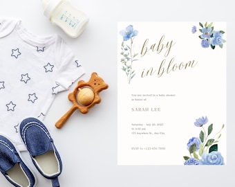 Blue Floral Baby Shower Invitation, Modern Minimalist Editable Canva Template (Digital Download)