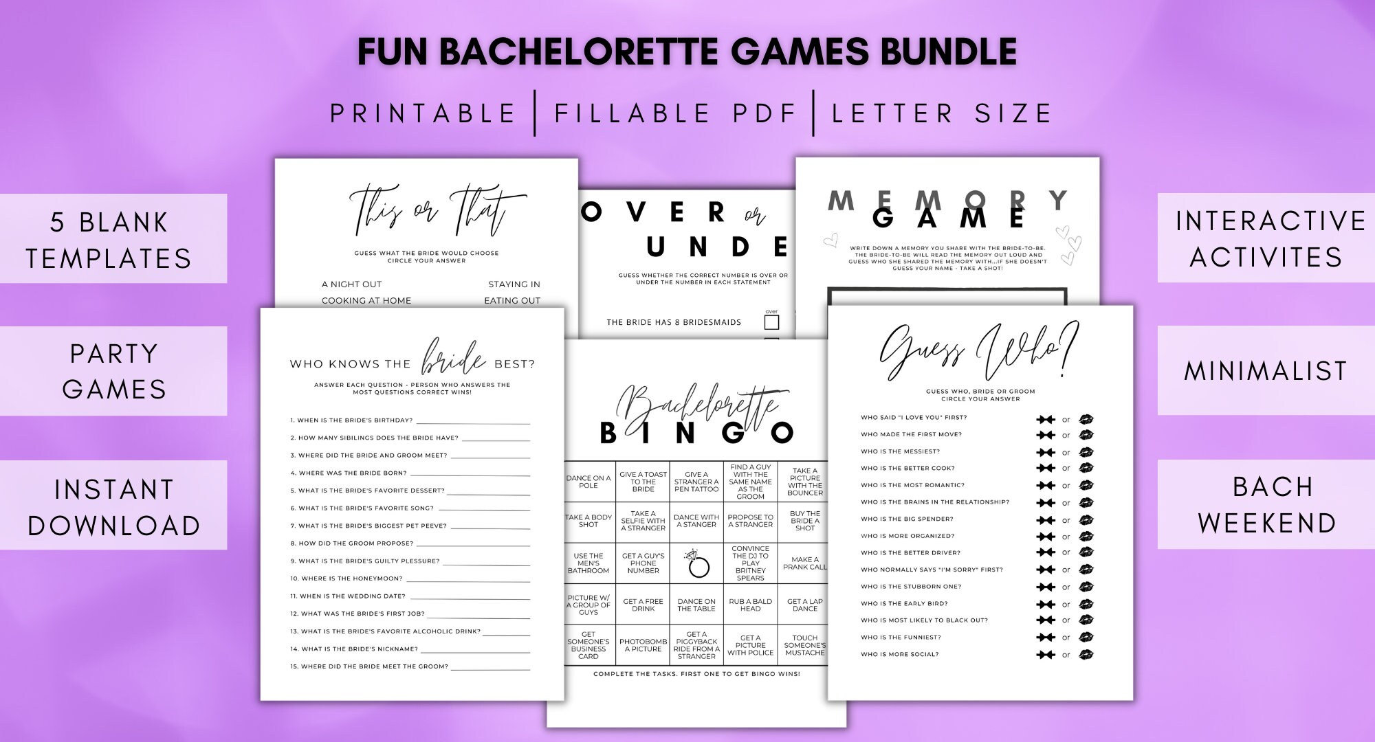 Bachelorette Games Bundle, Printable Party Games, Bachelorette Weekend ...