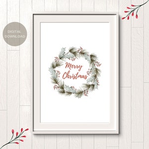 Christmas Wreath Print, Christmas Printable Art, Christmas Decor, Winter Botanical Christmas Watercolor Painting, Instant Download
