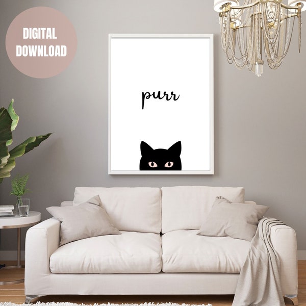 Black Cat Printable Wall Art, Cat Wall Art, Black and White Wall Art, Cat Art Print, Black Cat Print, Cat Lover Gift, Instant Download