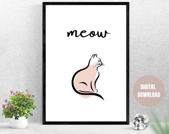 Cat Printable Wall Art | "Meow" Cat Print, Downloadable Cat Art, Cat Art Print, Cat Lover Gift, Digital Download, Modern Home Decor