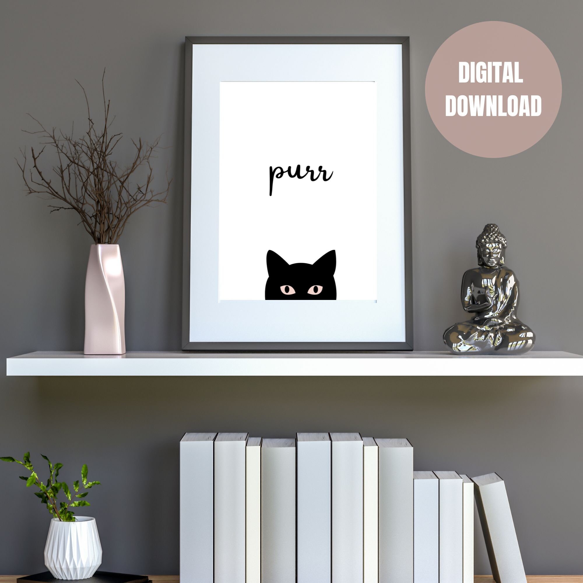Black Cat Printable Wall Art, Cat Wall Art, Black and White Wall Art
