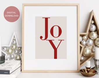 JOY Christmas Printable Art, Christmas Wall Decor, Red Christmas Decor, Home Decor, Holiday Decor, Instant Download