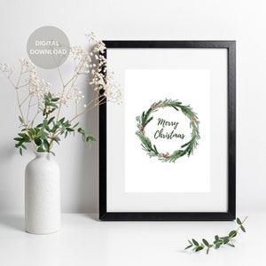 Christmas Wreath Print, Christmas Printable Art, Christmas Decor, Winter Botanical Christmas Watercolor Painting, Instant Download