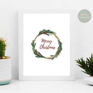 Christmas Wreath Print, Christmas Printable Art, Christmas Decor, Winter Botanical Christmas Watercolor Painting, Instant Download