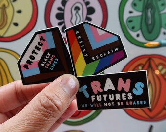 May include: A hand holds three stickers with text and colorful designs. The stickers read "PROTECT BLACK TRANS LIVES", "RESIST RECLAIM", and "TRANS FUTURES WE WILL NOT BE ERASED". The background features illustrations of fruit.