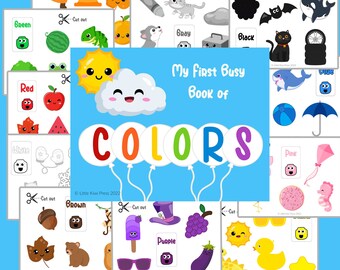 May include: A printable busy book for toddlers featuring colorful illustrations of objects and animals. The book teaches children about colors with pages for green, red, white, brown, purple, pink and yellow.