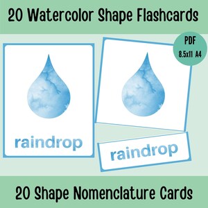 Flashcards en forme d’aquarelle, Flashcards numériques préscolaires, Flashcards de nomenclature Montessori imprimables, imprimables à l’école à la maison