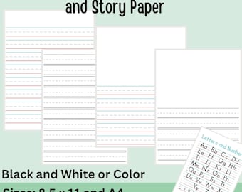 May include: Black and white or colour handwriting practice paper and story paper in 8.5 x 11 and A4 sizes. The paper has lined spaces for writing and a letter and number guide is included.