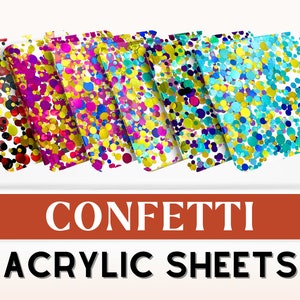 Puede incluir: Surtido de láminas de acrílico con confeti de colores. Cada lámina presenta un patrón diferente de confeti con varios colores, incluidos rojo, rosa, amarillo, azul y verde.