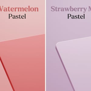 May include: Two square shaped pastel colored pieces of paper. The left piece is a light pink color with the text "Watermelon Pastel" and the right piece is a light purple color with the text "Strawberry Milk Pastel".