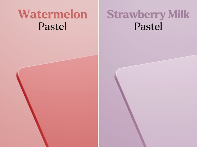 May include: Two square shaped pastel colored pieces of paper. The left piece is a light pink color with the text "Watermelon Pastel" and the right piece is a light purple color with the text "Strawberry Milk Pastel".