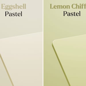 May include: Two paint color swatches, one labeled "Eggshell Pastel" and the other "Lemon Chiffon Pastel". The Eggshell Pastel swatch is a light cream color, while the Lemon Chiffon Pastel swatch is a light yellow.