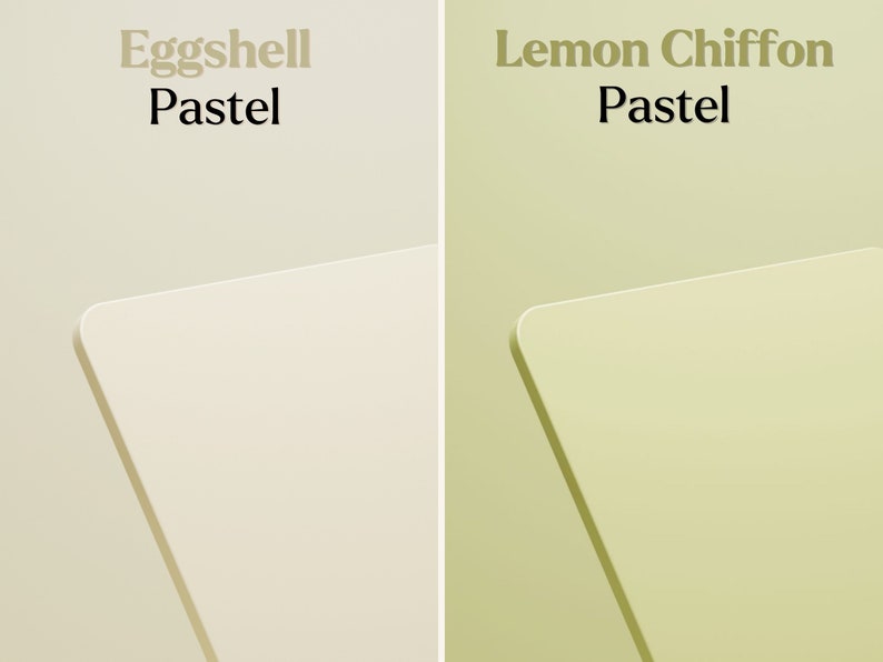 May include: Two paint color swatches, one labeled "Eggshell Pastel" and the other "Lemon Chiffon Pastel". The Eggshell Pastel swatch is a light cream color, while the Lemon Chiffon Pastel swatch is a light yellow.