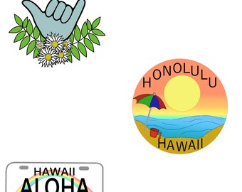 Hawái Juego de pegatinas 3 pegatinas troqueladas para botellas de agua, paredes, carpetas, diarios, tazas y más