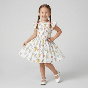 May include: A white dress with a colorful cartoon character print and heart-shaped balloons. The dress has short sleeves with ruffled edges and a flared skirt. The girl is wearing white shoes.