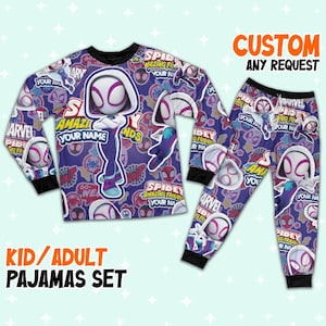 May include: A purple pajama set featuring a Spider-Gwen design. The long-sleeved top and pants are covered in Spider-Gwen graphics and text. The set is labeled "Kid/Adult Pajamas Set" and includes the text "Custom Any Request".