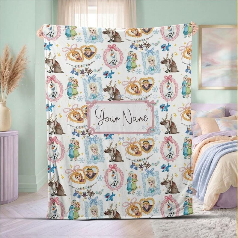 Strahlende Eiskönigin Elsa Anna personalisierte individuelle Name Decke Olaf Schneeflocke weicher Fleece Überwurf Prinzessin Kinderzimmer Dekor Bettwäsche Bild 2