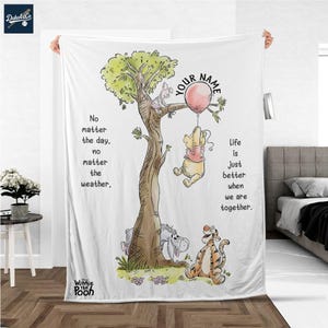 Personalize Winnie The Pooh With Friends Fleece Blanket – Custom Name Disney Throw for Kid, Birthday Gift, Baby Shower