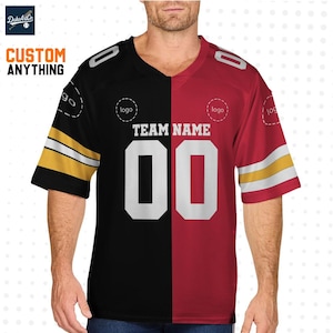 May include: A split-design football jersey, black on the left and red on the right, with white numbers and the text "TEAM NAME" and "00". The sleeves have yellow and white stripes. The jersey is customizable.
