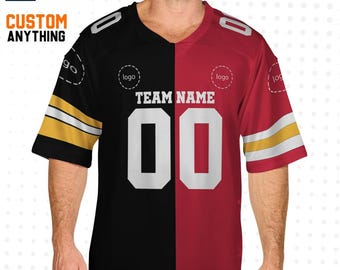 Maglia personalizzata divisa a metà, due colori rosso e nero, nome della squadra di calcio personalizzato, logo, numero, regali di Natale per lui, regalo per lei