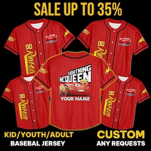 Personalizuj Samochody Lightning Mcqueen Faster, niestandardowy tekst Baseball Jersey, Prezent dla Dzieci, Disney Urodzinowy Prezent, Prezent Dla Fanów Baseballu
