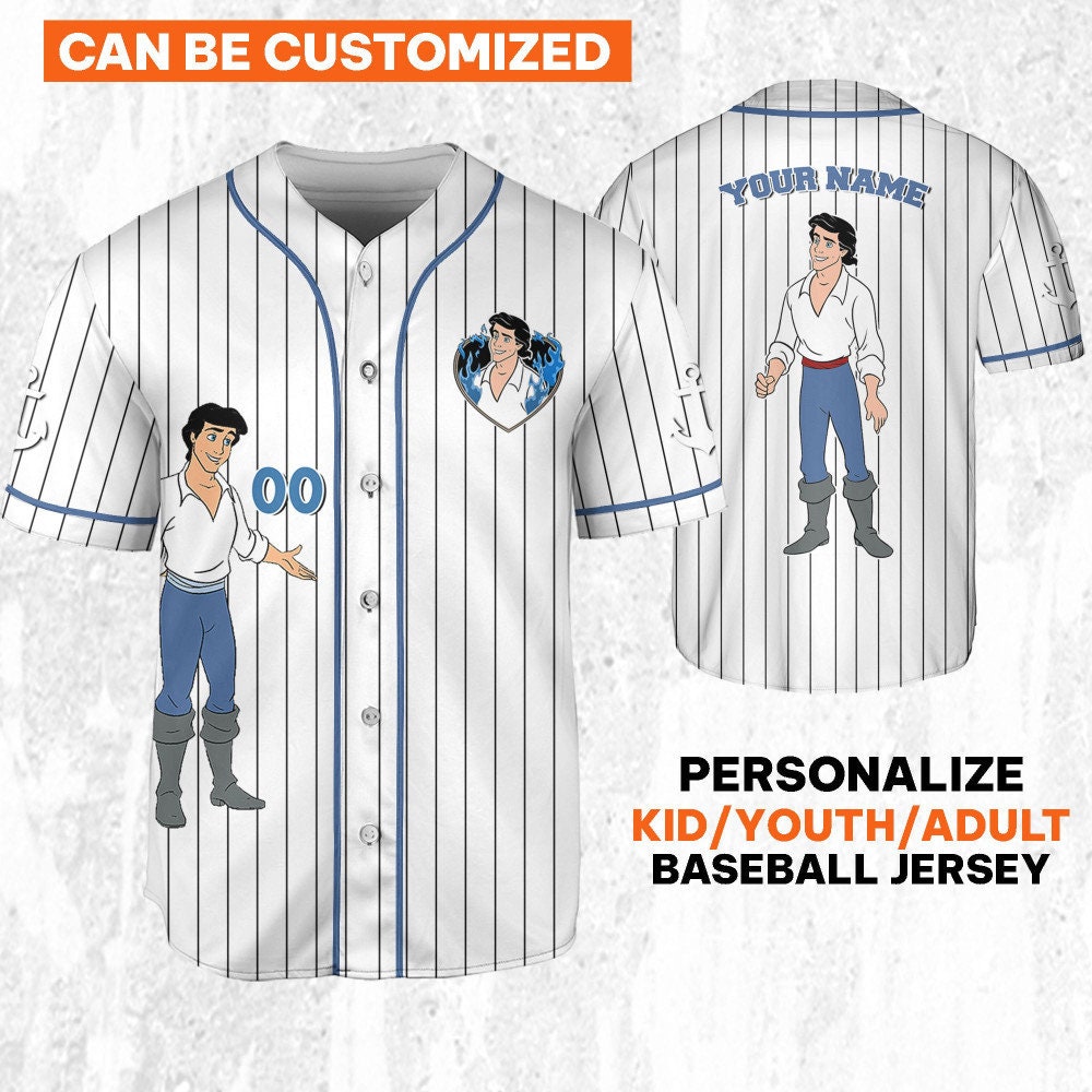 Custom Disney The Little Mermaid Prince Eric White Jersey, Custom Kid Youth Adult Baseball Jersey, Custom Number Birthday Gift