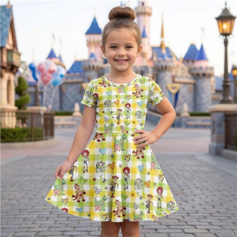 Vestido infantil de Disney Toy Story con estampado de globos, Woody, Buzz y Jessie, estampado de cuadros vichy, regalo para el Día de la Madre 2026, conjunto de verano. imagen 2