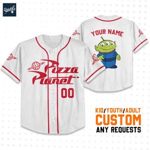 Personalize Disney Toy Story Pizza Planet White Jersey, Custom Kid Youth Adult Baseball Jersey, Custom Disney Birthday Gift
