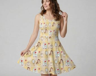 Golden Rose Skater Dress, Yellow Plaid Belle Mirror Print, Beauty and the Beast Bound Outfit, Garden Party Princess Dress 2026