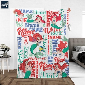 Personalize Ariel Little Mermaid Princess Fleece Blanket Custom Name Disney Throw for Kid, Birthday Gift Baby Shower Gift for Boy and Girl