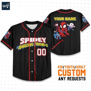 Personalisieren Sie Spidey und seine erstaunlichen Freunde niedliches, kundenspezifisches Kinderjugend-erwachsener Baseball-Jersey, kundenspezifisches Disney-Geburtstagsgeschenk