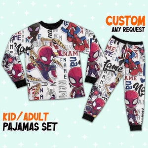 Personalisierter Name Peter Parker Spider Man Freunde Comic Pyjamas, Spiderman Pyjamas Set, Superhelden Familie Matching, Party Geschenk